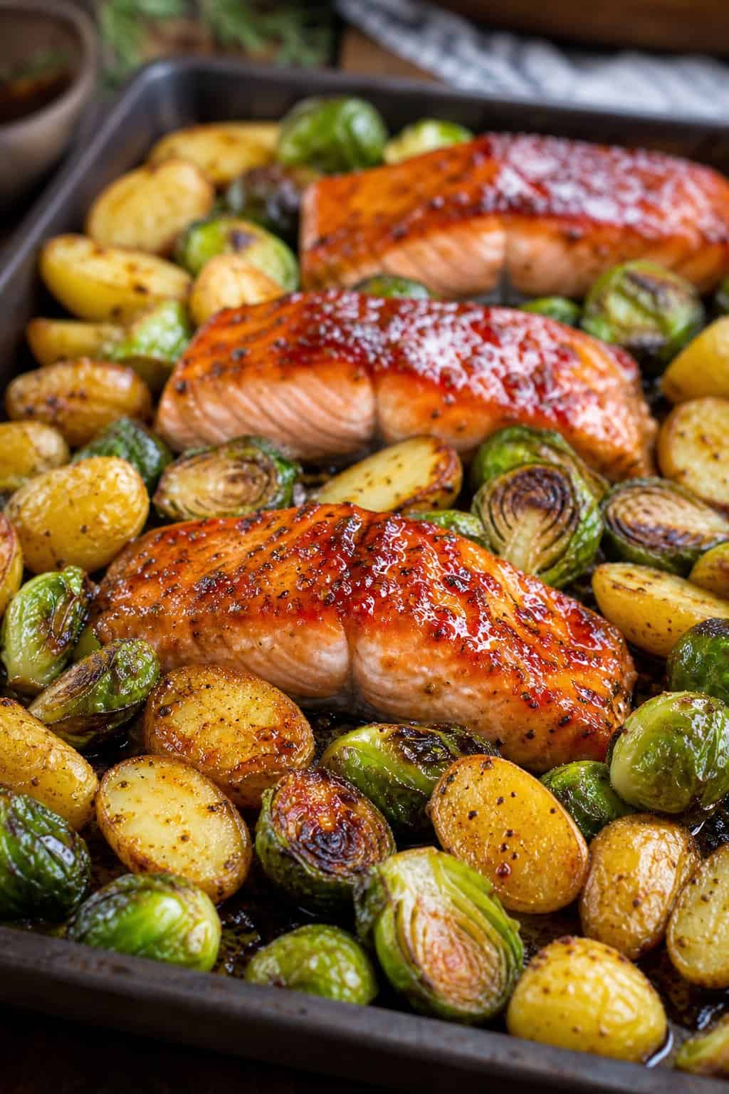 A cooked one-pan meal with maple-glazed salmon, roasted Brussels sprouts, and fingerling potatoes on a dark baking sheet.