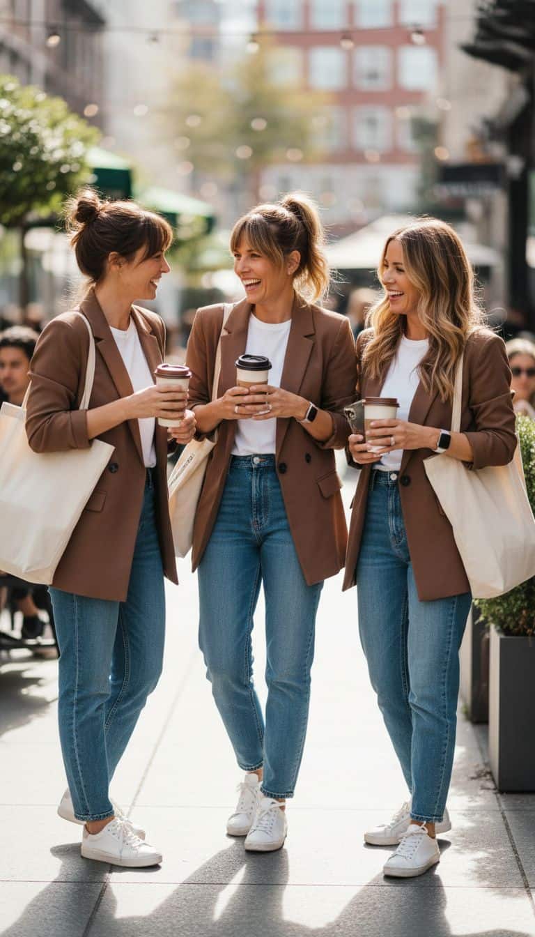 Brown Blazer and White Tee Outfit