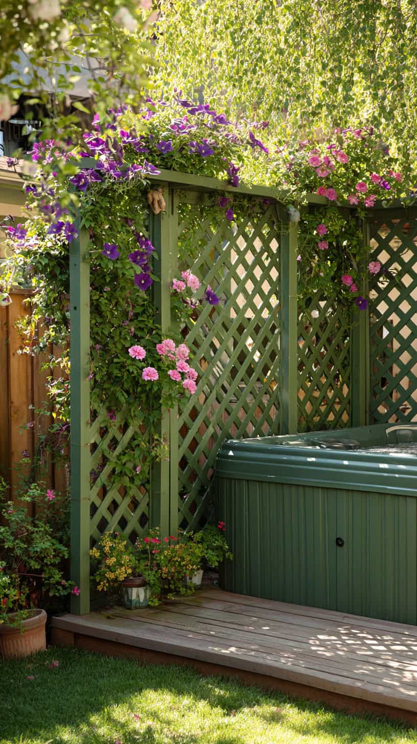 12 Cozy Hot Tub Patio Layouts for Busy Moms 66 Custom Wood Lattice Divider - Image 2