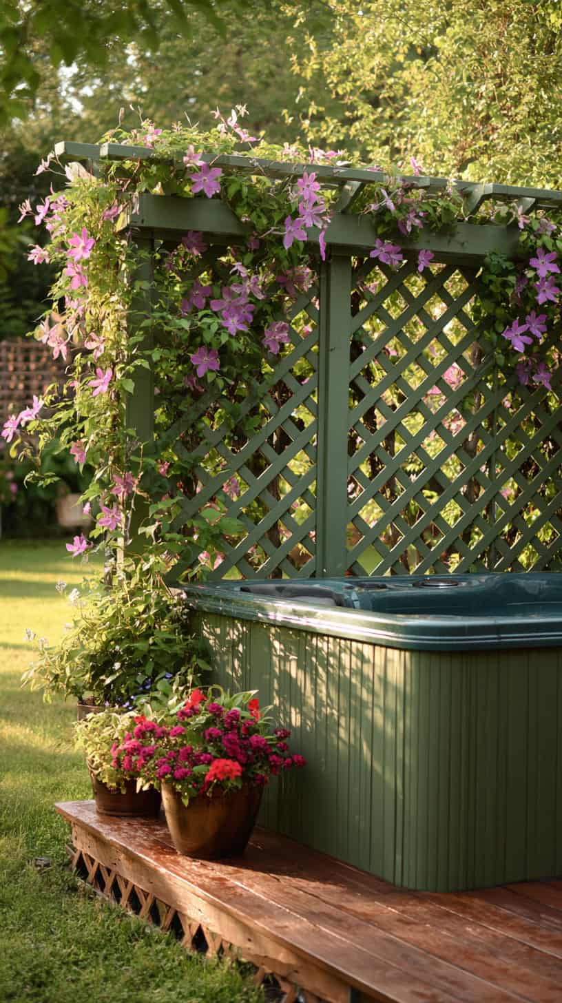 12 Cozy Hot Tub Patio Layouts for Busy Moms 67 Custom Wood Lattice Divider - Image 3