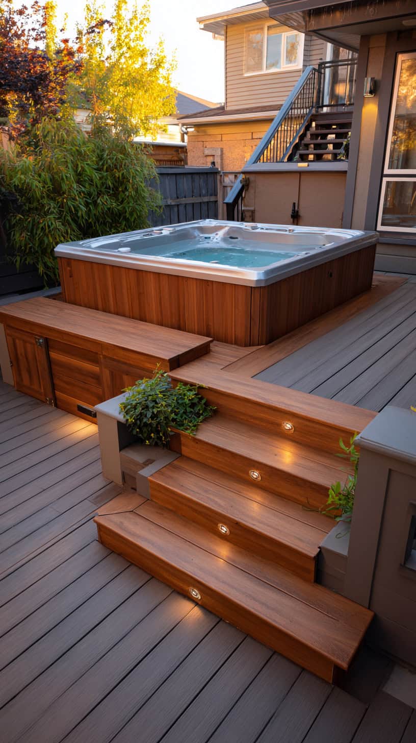 12 Cozy Hot Tub Patio Layouts for Busy Moms 54 Raised Patio Level Deck - Image 2