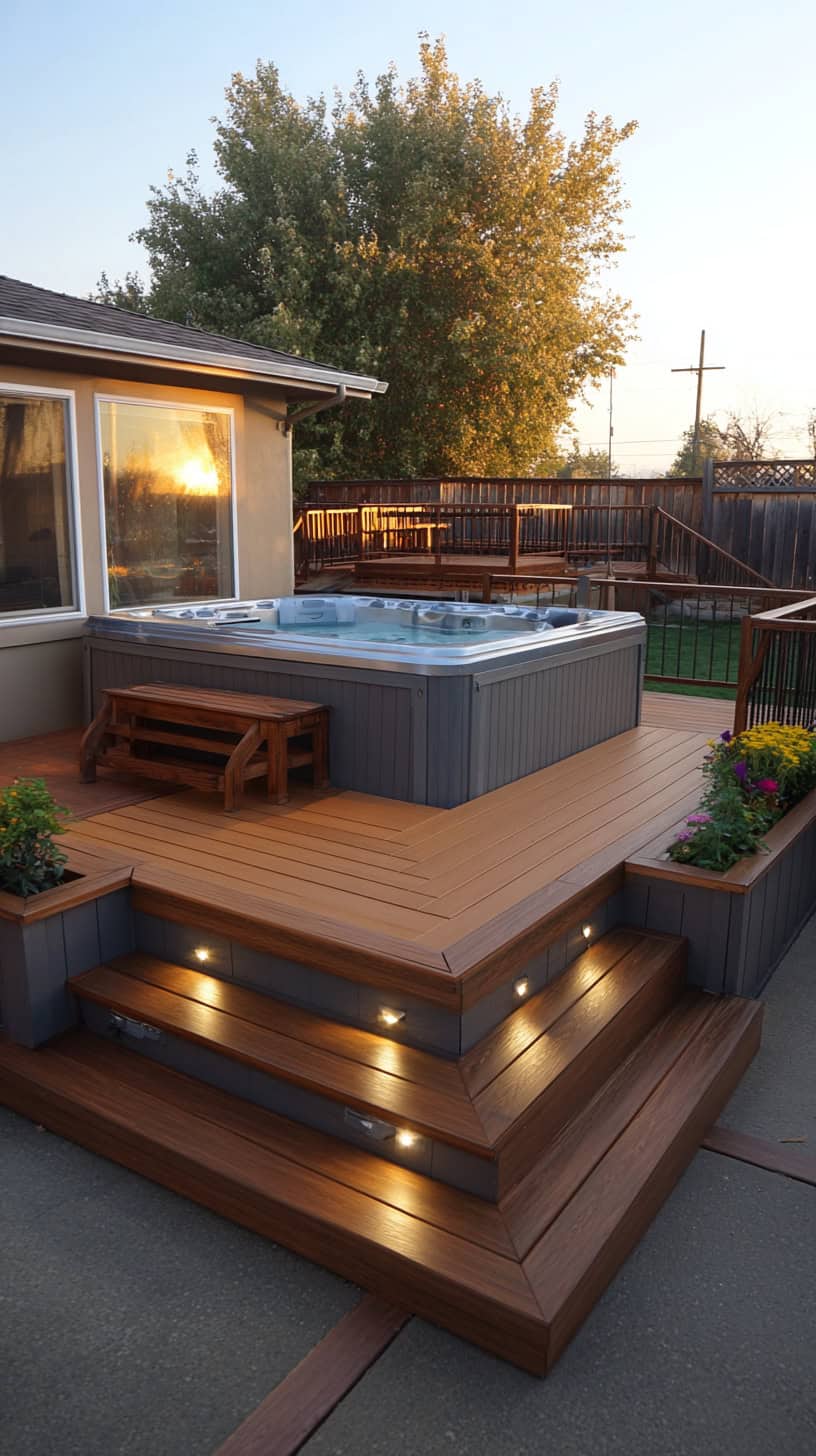 12 Cozy Hot Tub Patio Layouts for Busy Moms 53 Raised Patio Level Deck - Image 1