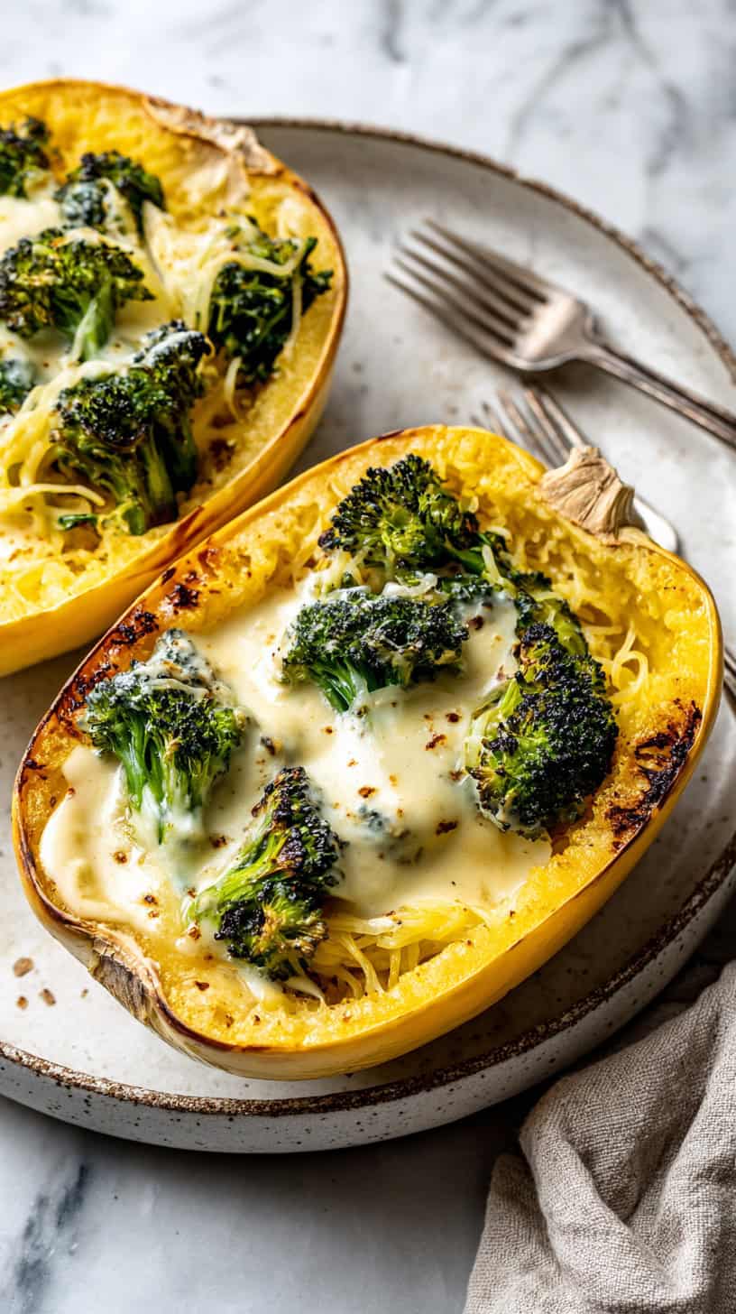 Cheesy Broccoli Cheddar Spaghetti Squash