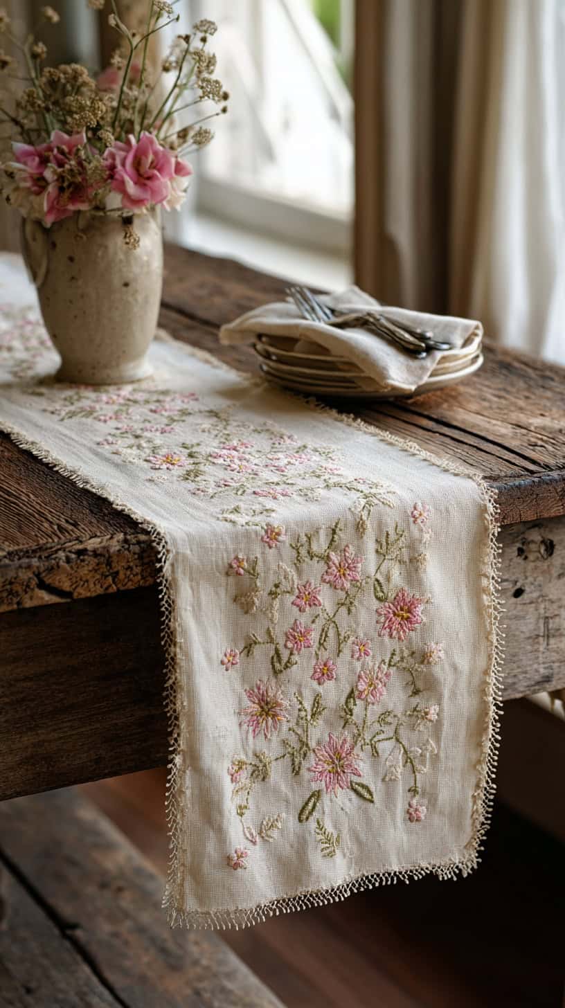 15 Cottagecore Decor Ideas to Make Your Home Feel Cozy 75 Embroidered Table Runner