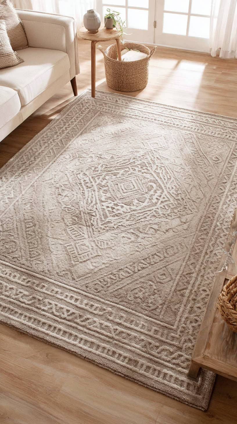 18 Neutral Living Room Decor Ideas That Are Anything But Boring 104 Khaki Patterned Rug