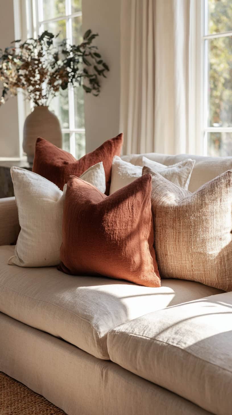 18 Neutral Living Room Decor Ideas That Are Anything But Boring 78 Muted Rust Throw Pillows