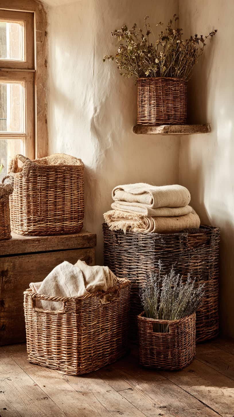 15 Cottagecore Decor Ideas to Make Your Home Feel Cozy 69 Vintage Wicker Baskets
