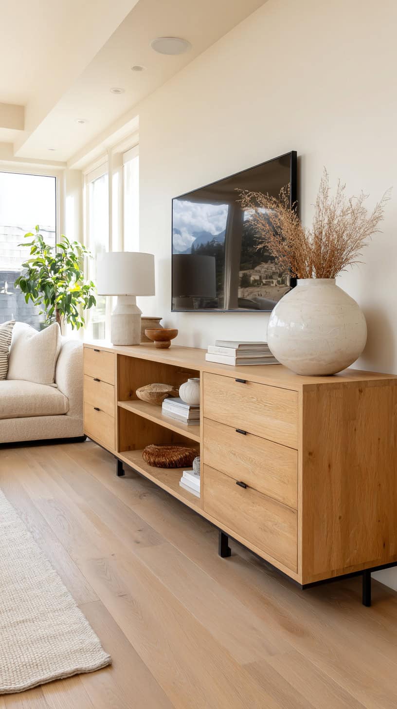 18 Neutral Living Room Decor Ideas That Are Anything But Boring 108 White Oak Media Console