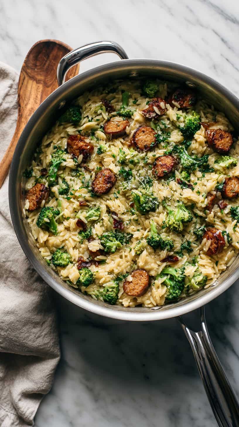 Vegan Sausage Broccoli Orzo Skillet