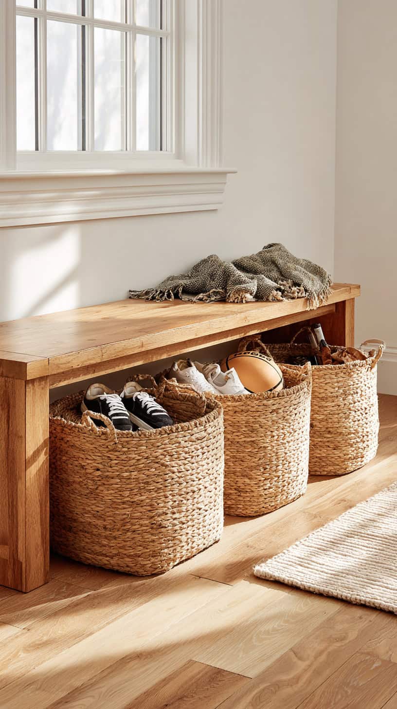 15 Small Entryway Ideas to Organize Shoes and Coats 74 Baskets Under Bench