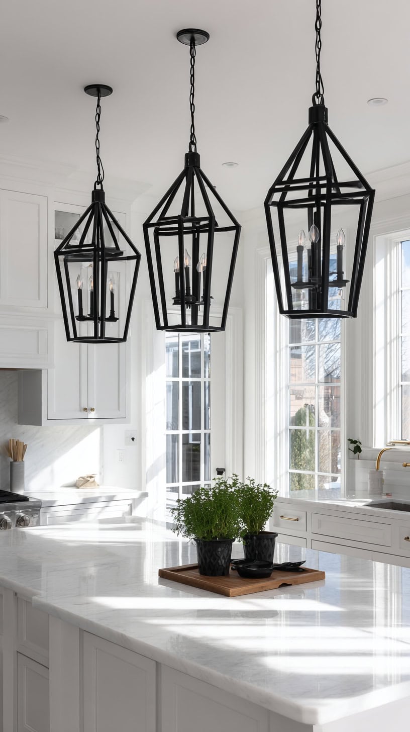 20 Timeless White Kitchen Ideas for Busy Moms 108 Black Lantern Pendant Light