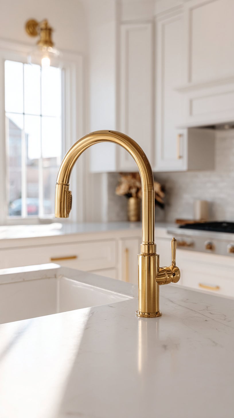 20 Timeless White Kitchen Ideas for Busy Moms 102 Brushed Brass Faucet Accents