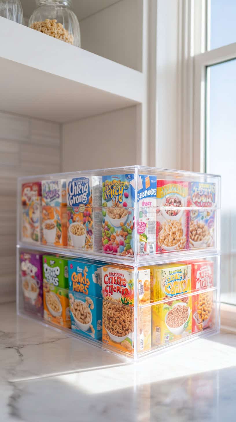 18 Pantry Organization Hacks Using Clear Bins and Baskets 72 Cereal Clear Bin Stack