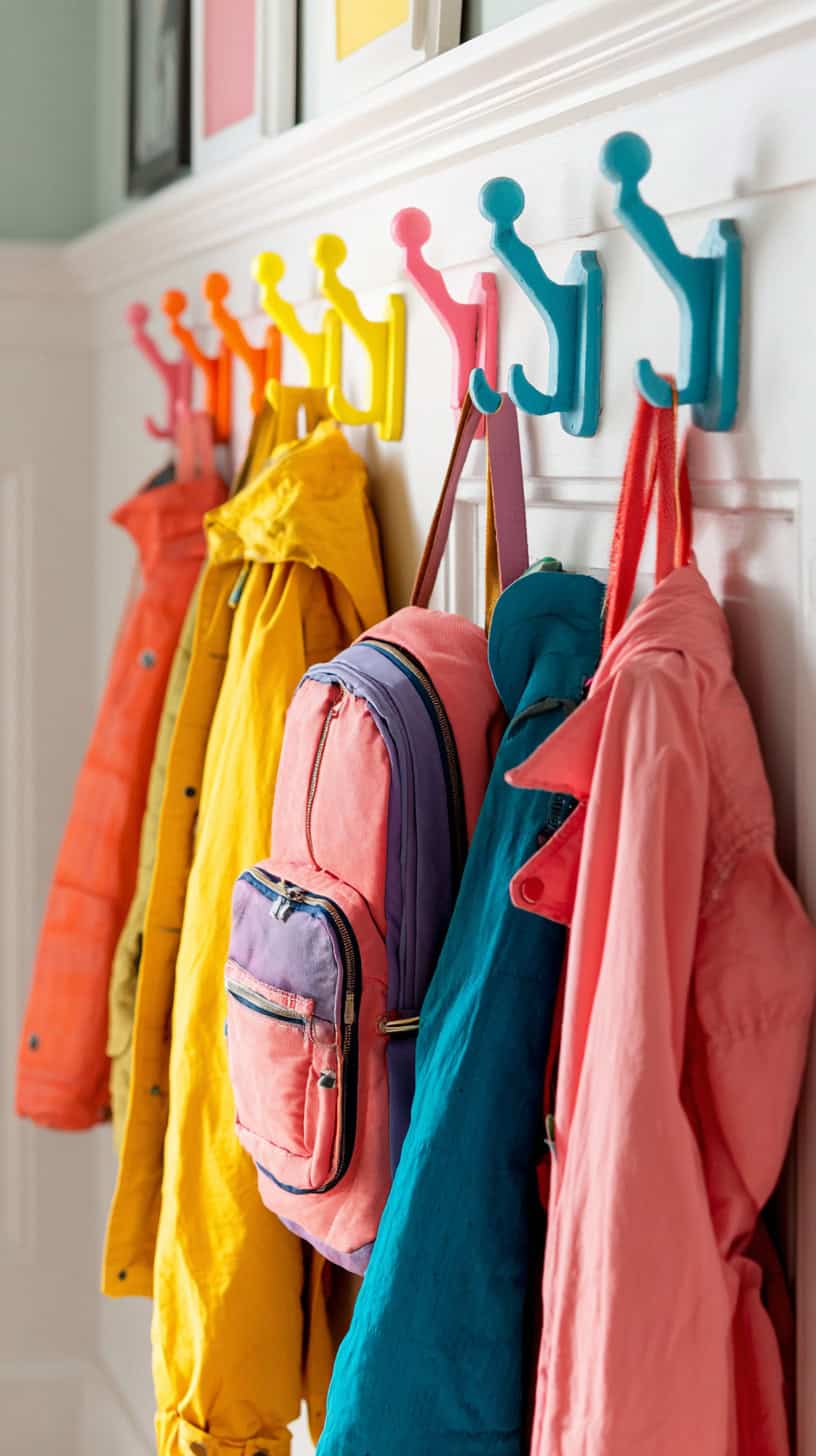 15 Small Entryway Ideas to Organize Shoes and Coats 82 Color-Drenched Coat Hooks