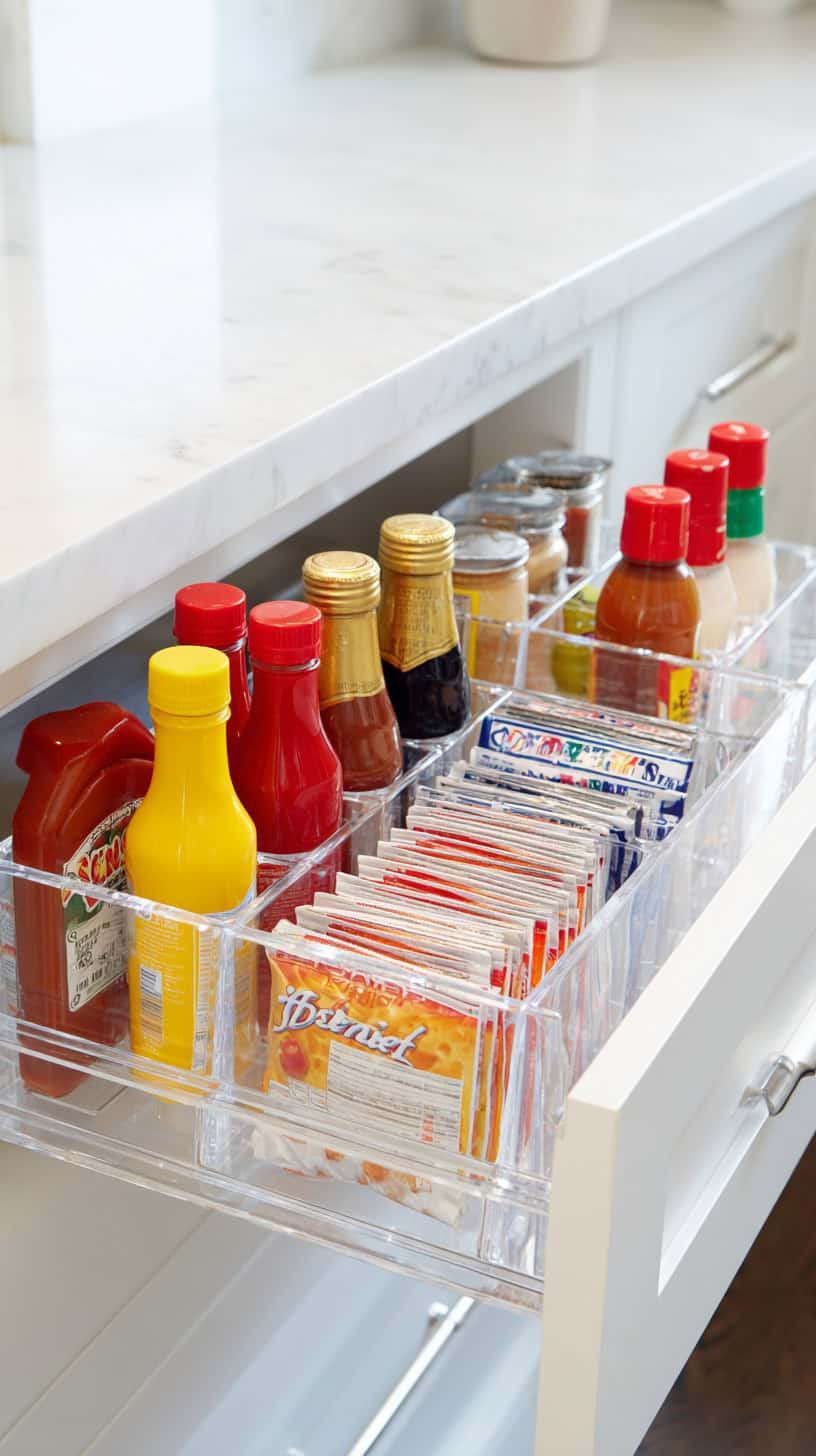 18 Pantry Organization Hacks Using Clear Bins and Baskets 97 Condiment Clear Bin Drawer