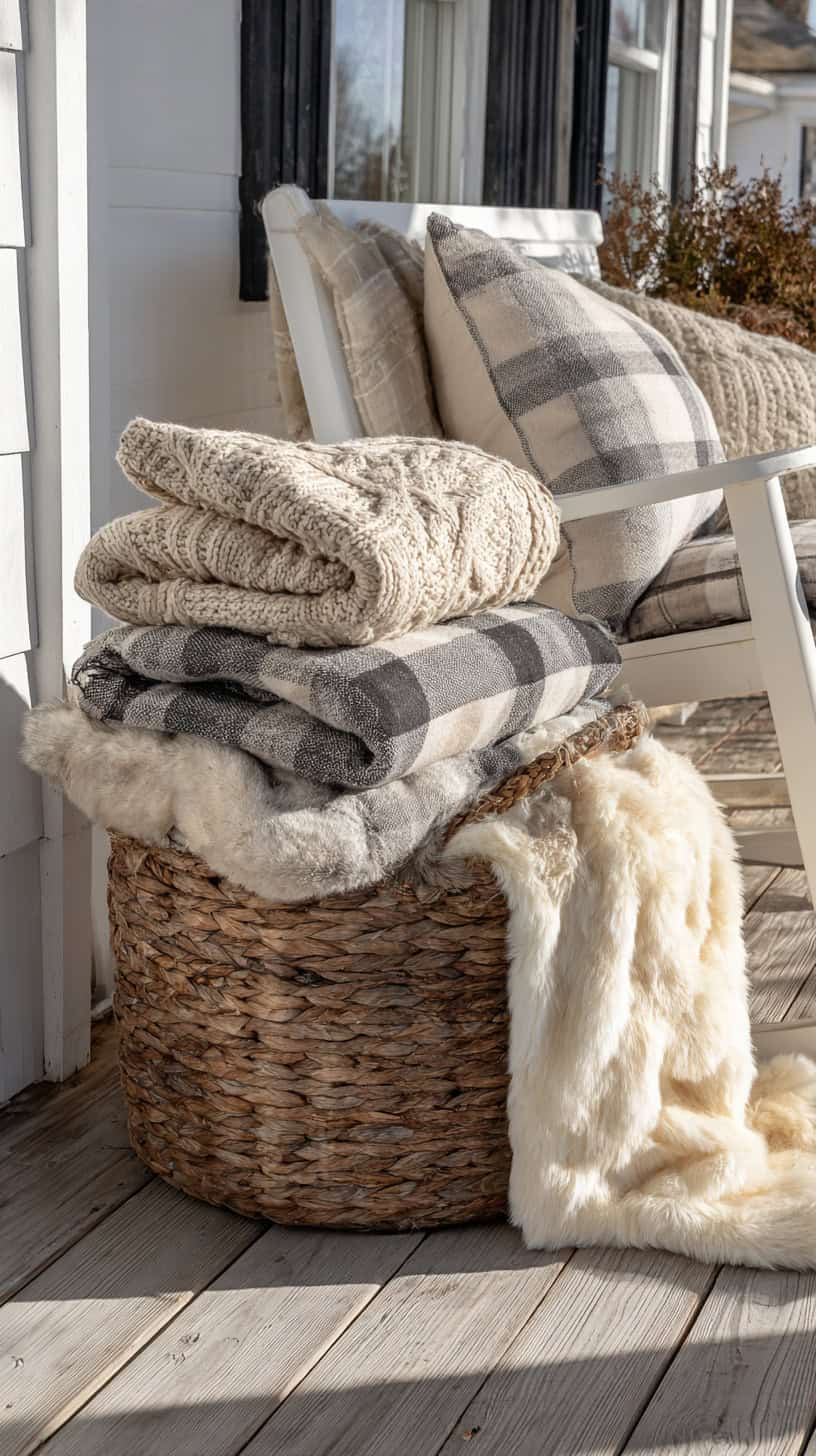 15 Farmhouse Porch Decor Ideas for Late Winter 74 Cozy Blanket Basket