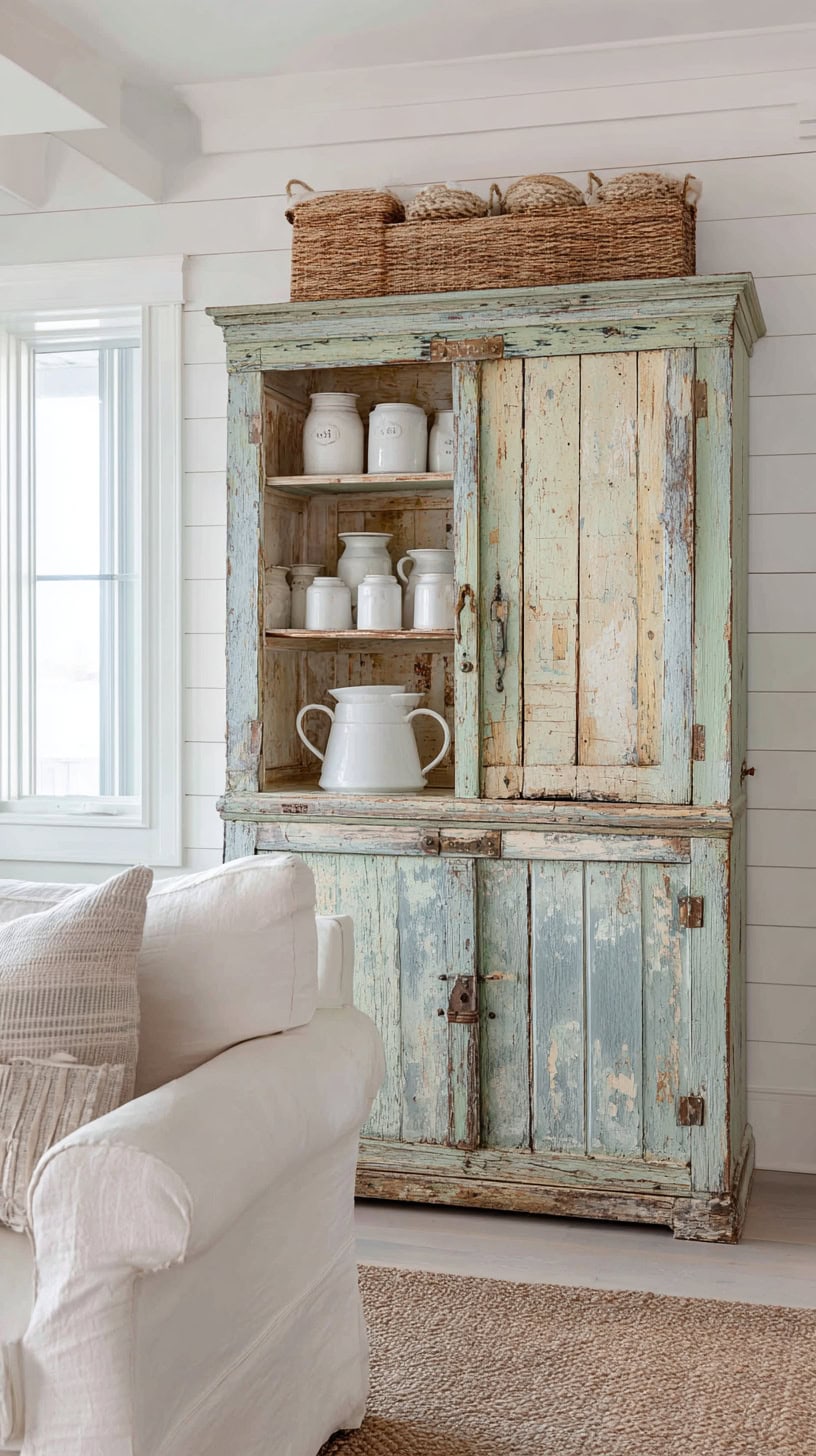 20 Modern Farmhouse Living Room Ideas to Copy Right Now 94 Distressed Antique Cabinet