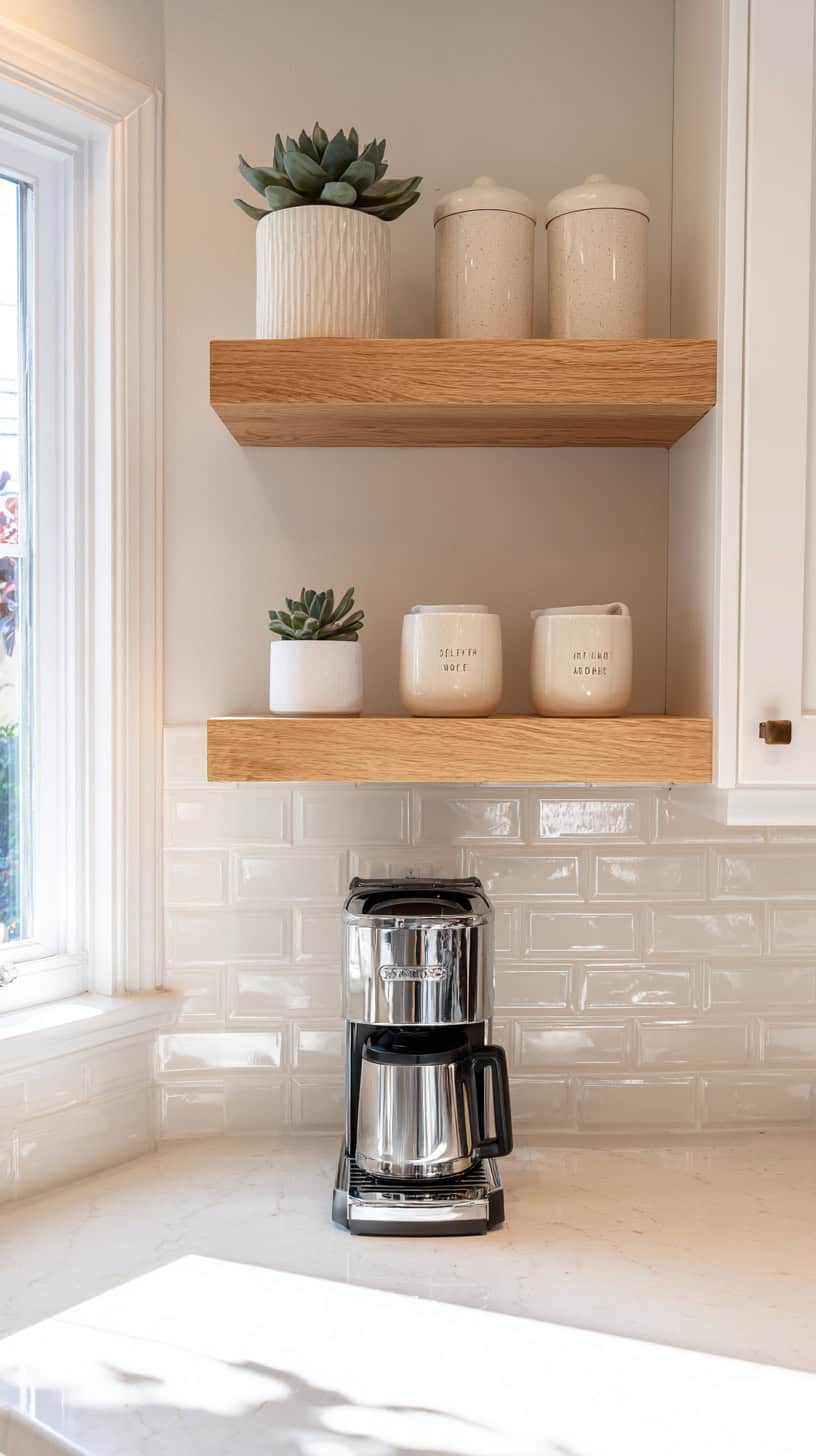 18 DIY Coffee Bar Ideas for Small Kitchens 74 Floating Shelves with Upper Cabinet
