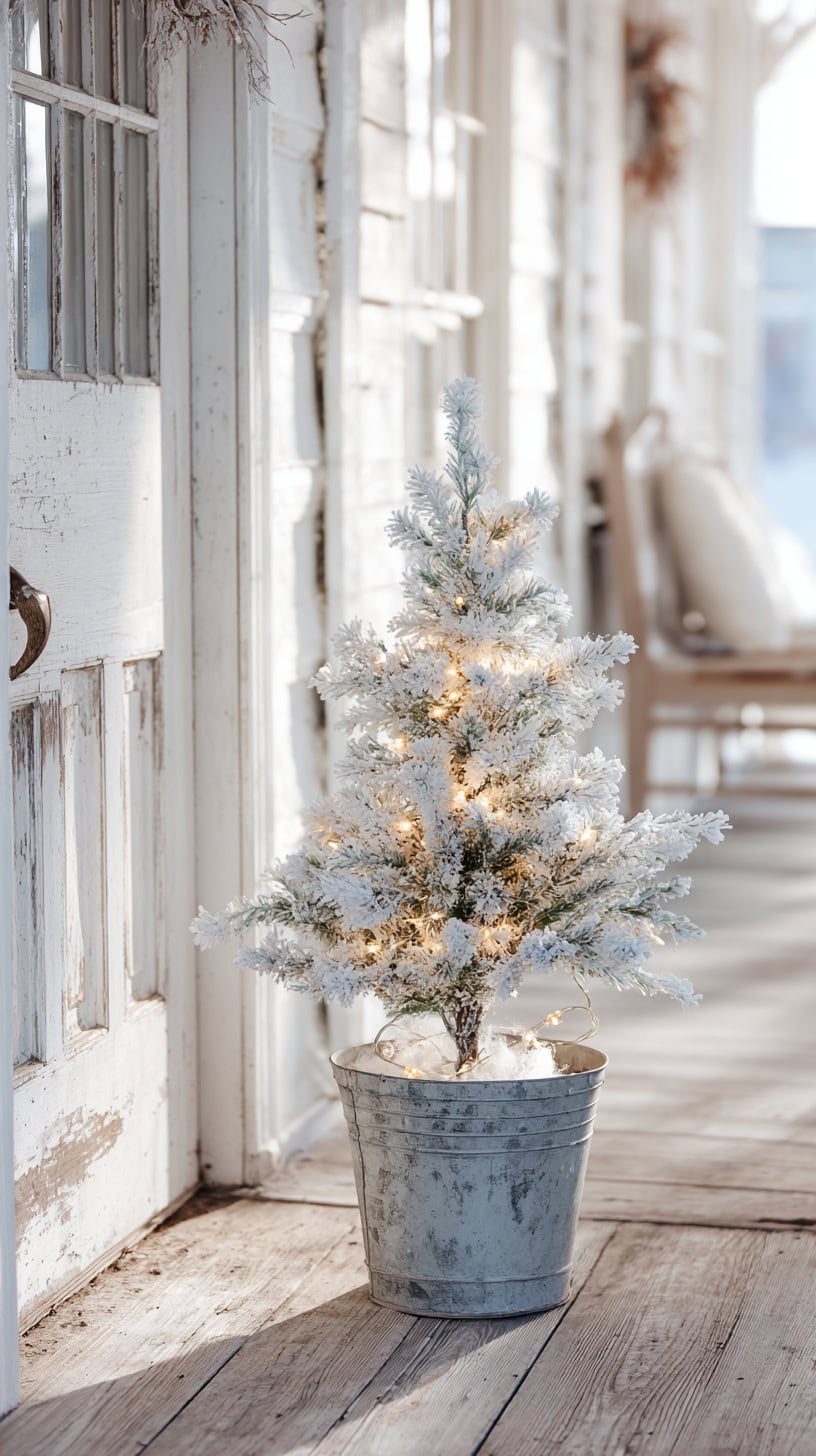 15 Farmhouse Porch Decor Ideas for Late Winter 60 Flocked Mini Tree