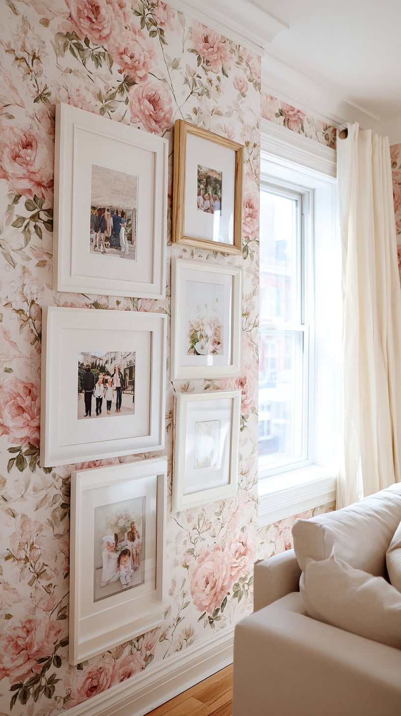 18 Creative Ways to Display Family Photos on Your Walls 104 Floral Wallpaper Backdrop