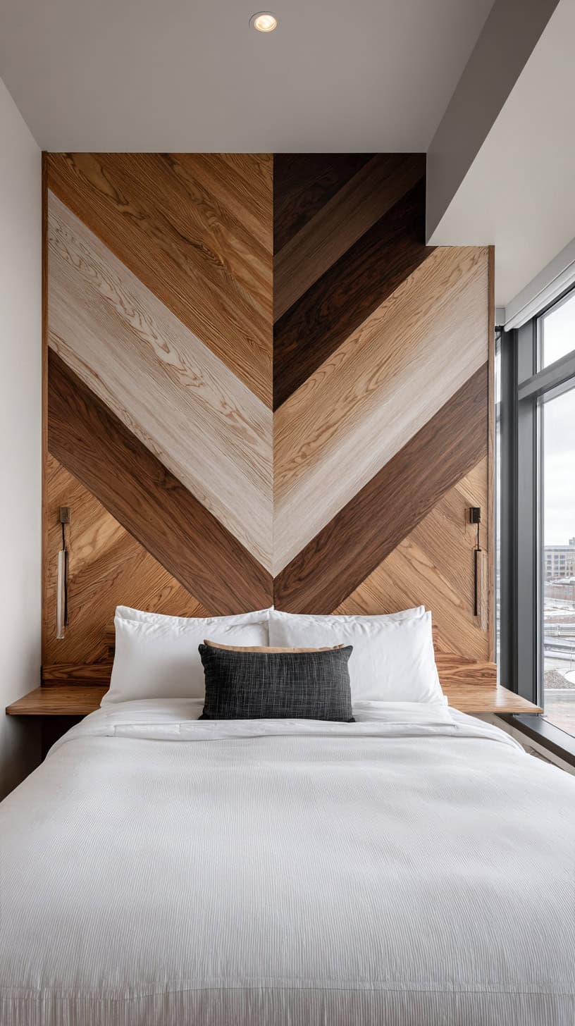 20 DIY Headboard Ideas to Upgrade Your Bedroom 116 Geometric Center Line Headboard