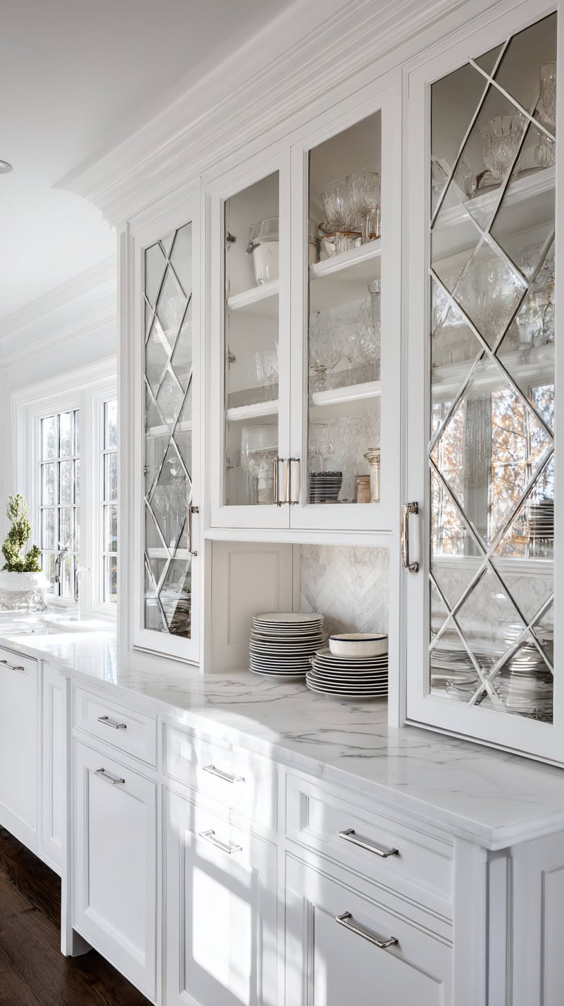 20 Timeless White Kitchen Ideas for Busy Moms 94 Glass Front Display Cabinets