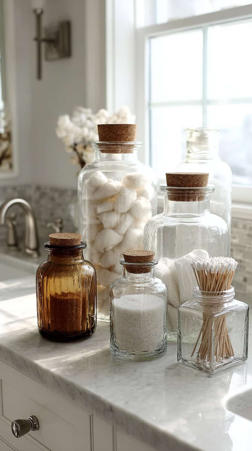 20 Bathroom Storage Solutions for Tiny Spaces 111 Glass Jar Counter Displays