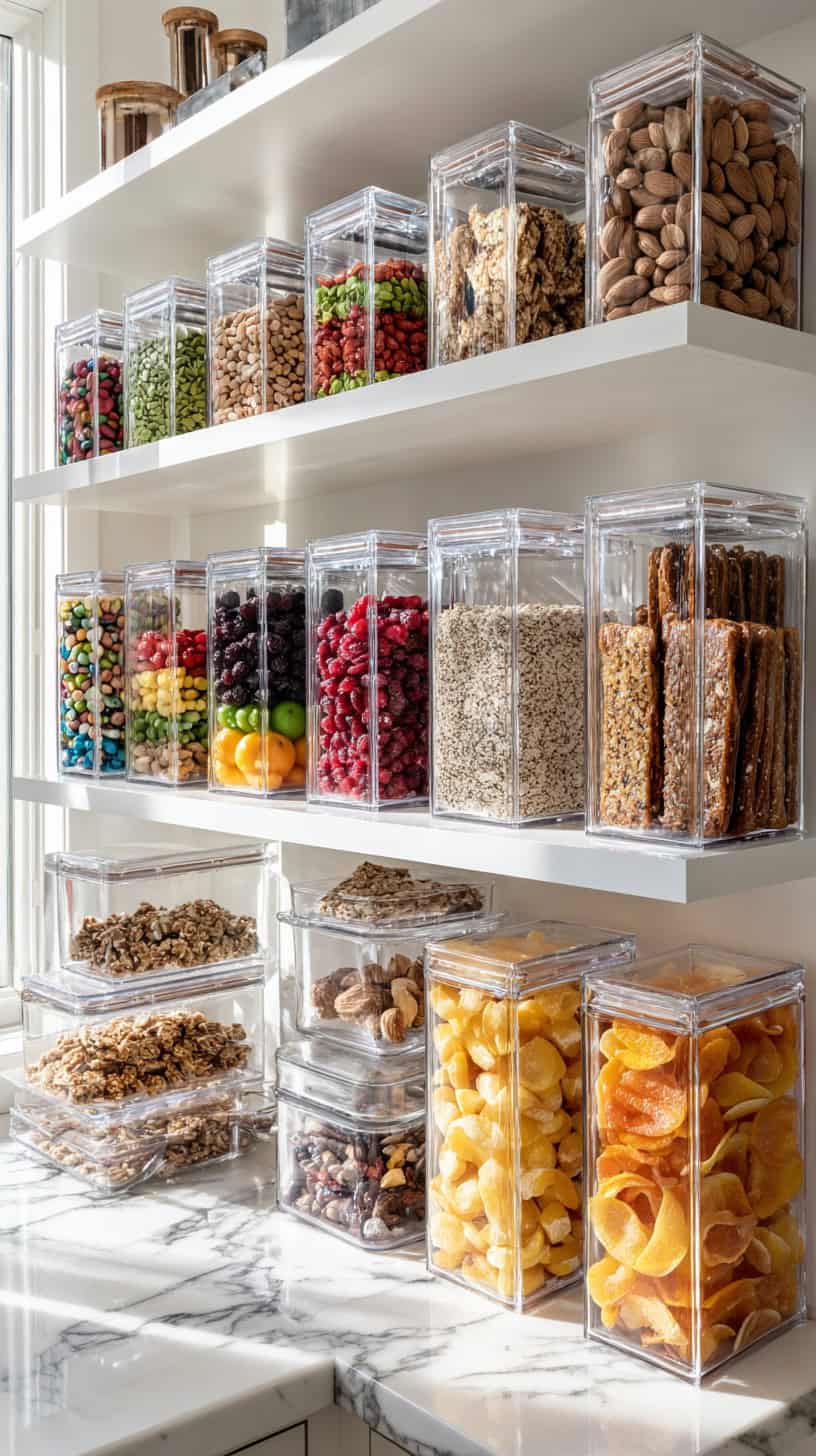18 Pantry Organization Hacks Using Clear Bins and Baskets 101 Healthy Snack Clear Shelf