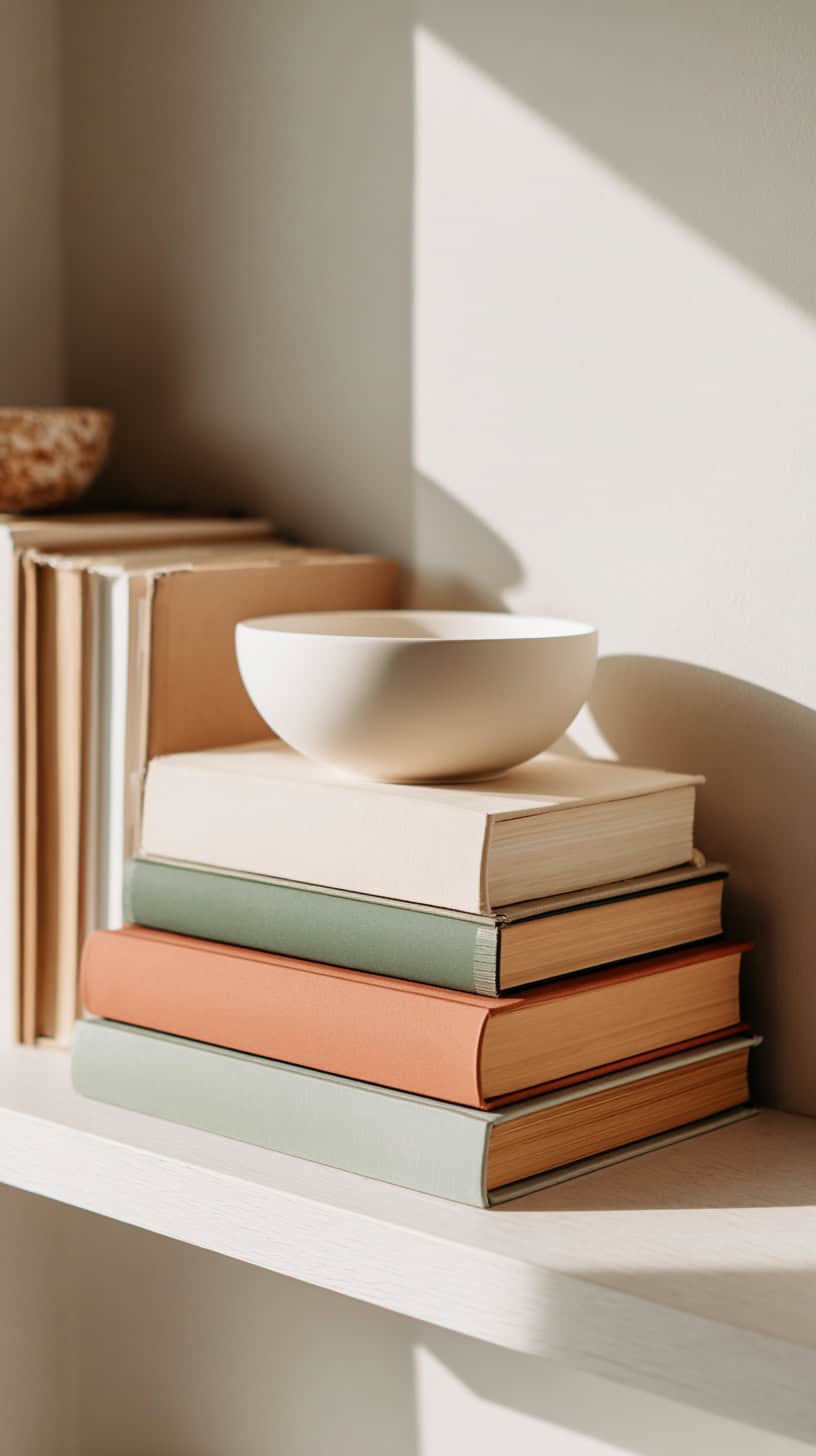 20 Beautiful Bookshelf Styling Ideas to Copy 82 Horizontal Books with Bowl Topper