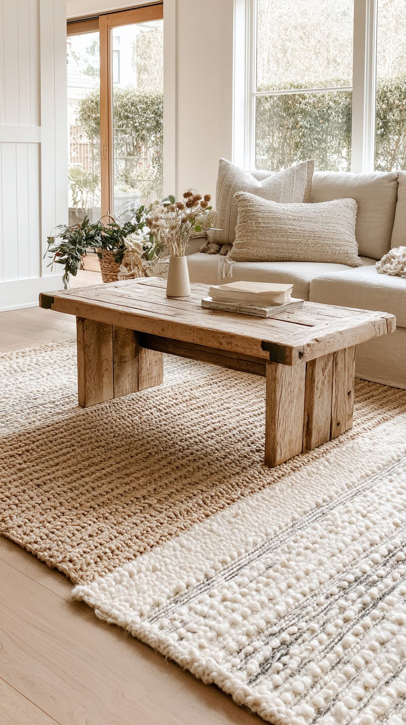 20 Modern Farmhouse Living Room Ideas to Copy Right Now 86 Layered Jute Wool Rugs