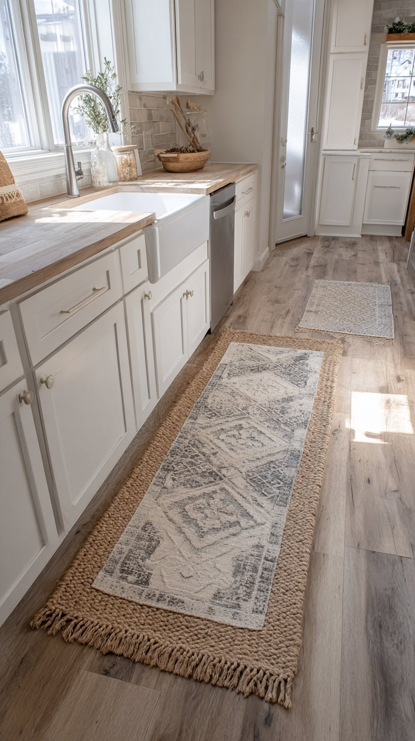 20 Farmhouse Kitchen Decor Ideas to Refresh Your Home 113 Layered Textured Rugs