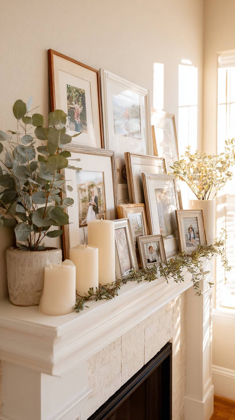18 Creative Ways to Display Family Photos on Your Walls 92 Mantel Photo Display