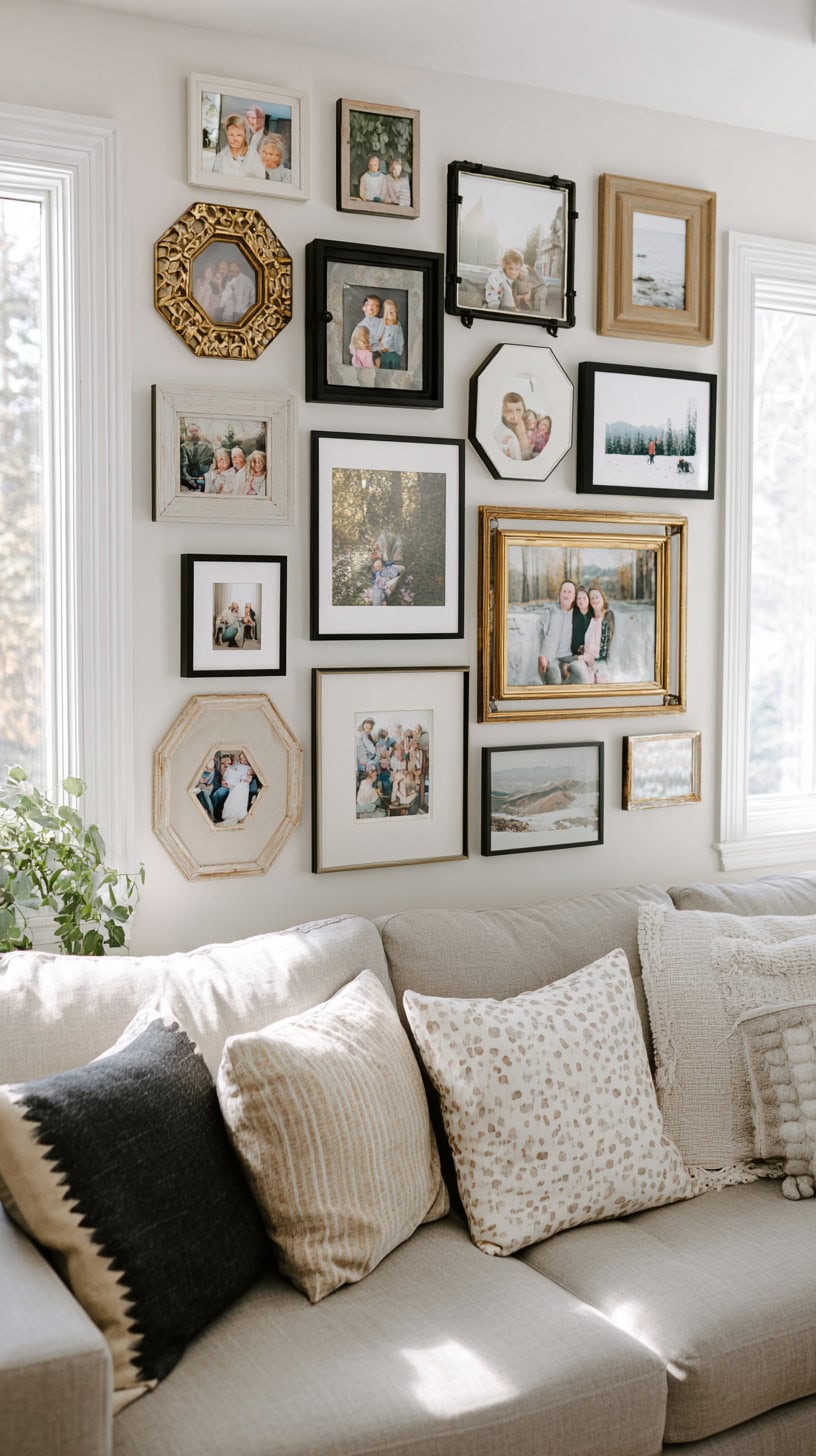 18 Creative Ways to Display Family Photos on Your Walls 82 Mixed Frame Gallery Wall