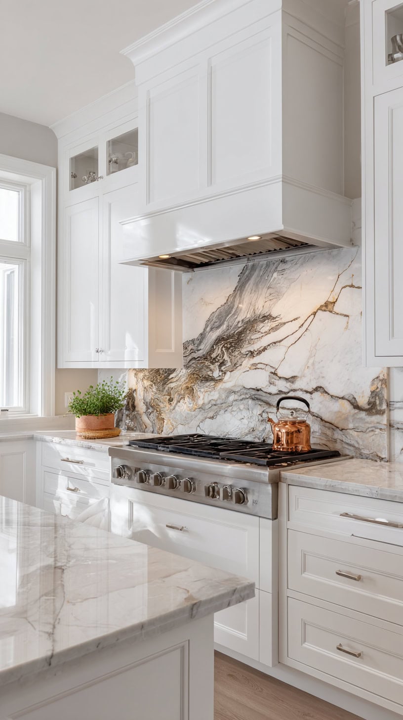 20 Timeless White Kitchen Ideas for Busy Moms 100 Mont Blanc Quartzite Backsplash