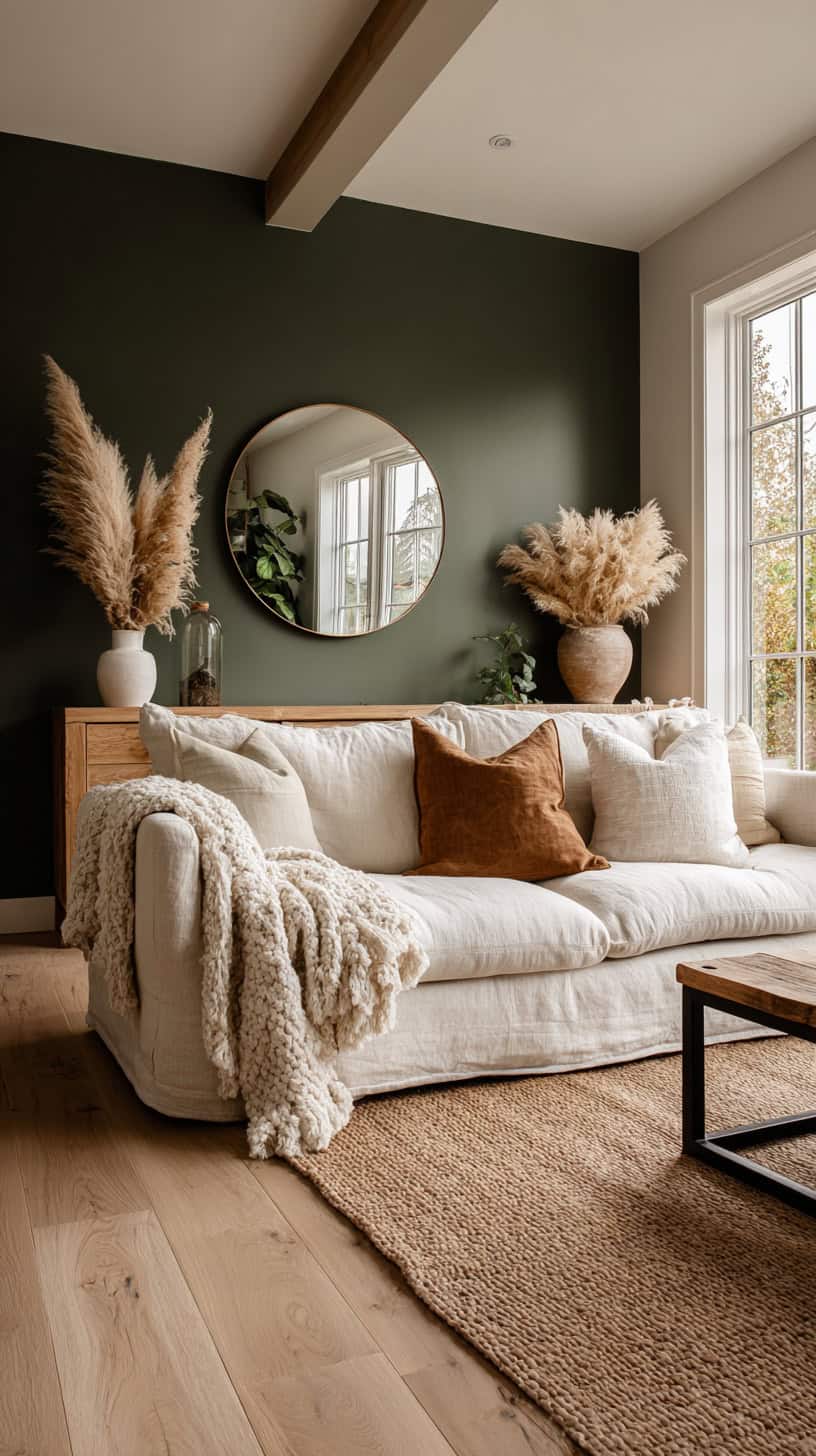 20 Modern Farmhouse Living Room Ideas to Copy Right Now 112 Moody Olive Wall Paint