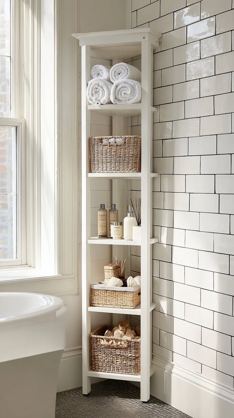 20 Bathroom Storage Solutions for Tiny Spaces 89 Narrow Corner Storage Tower