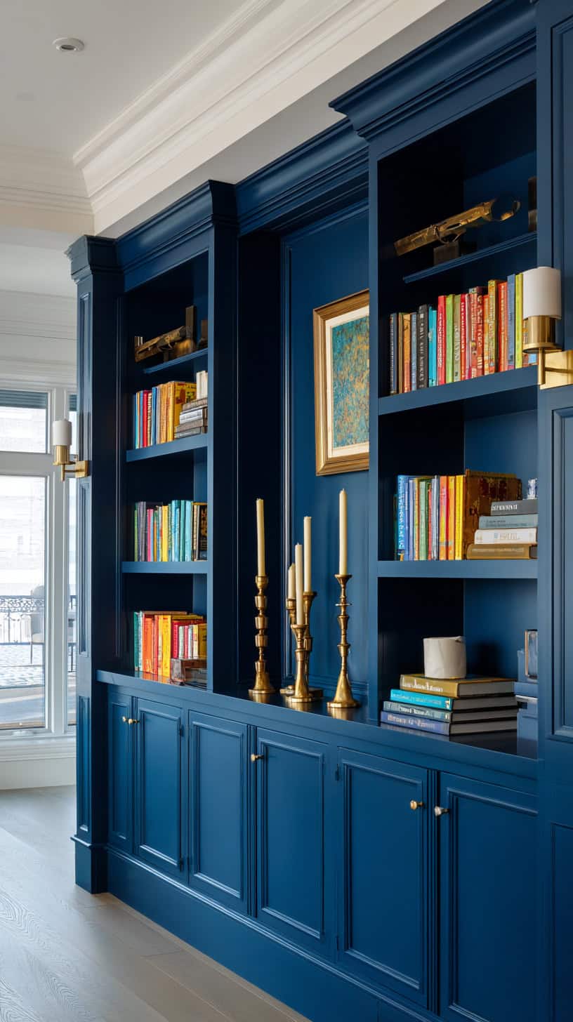 20 Beautiful Bookshelf Styling Ideas to Copy 98 Navy Blue Bold Paint