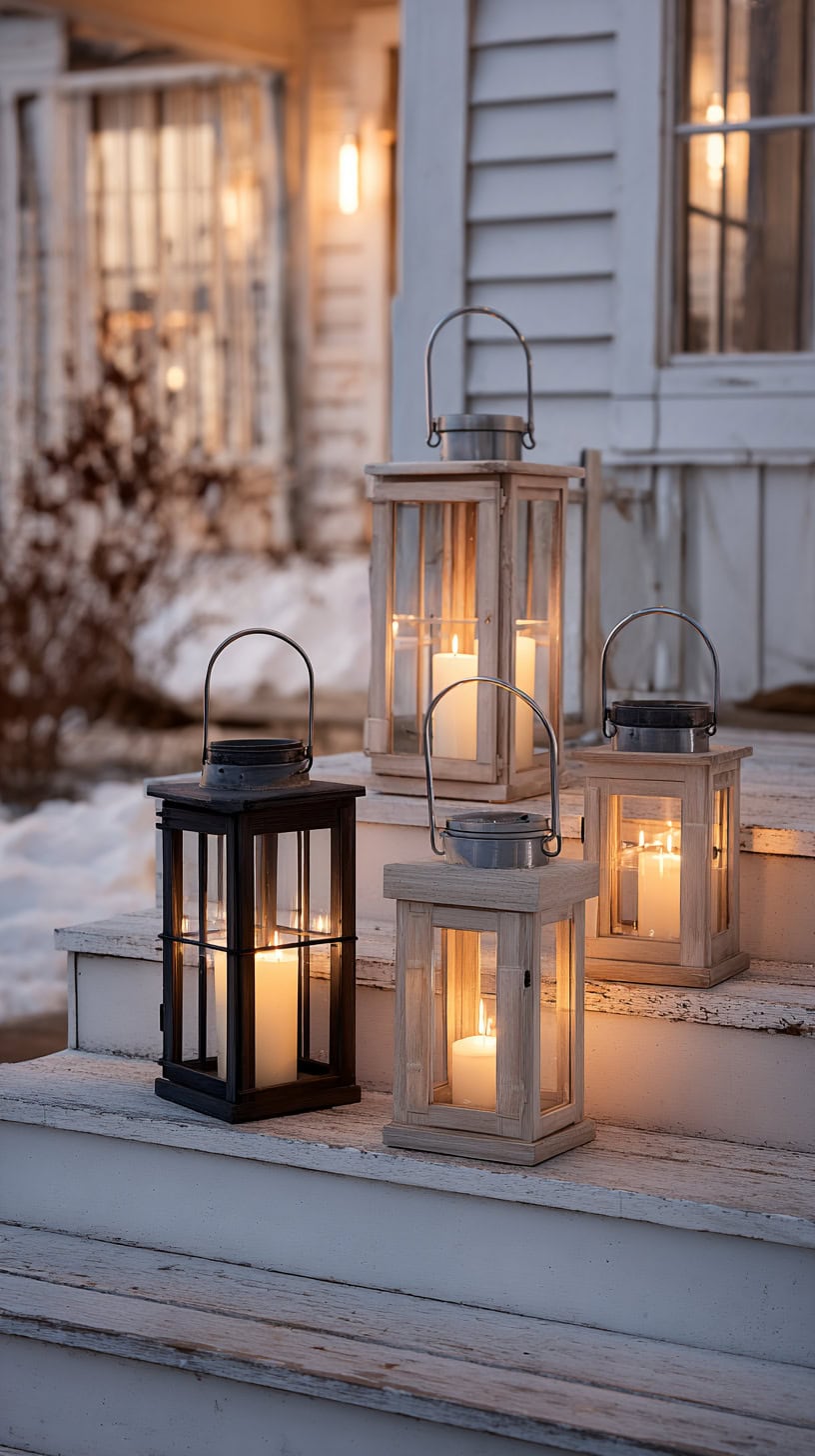 15 Farmhouse Porch Decor Ideas for Late Winter 72 Neutral Lantern Cluster