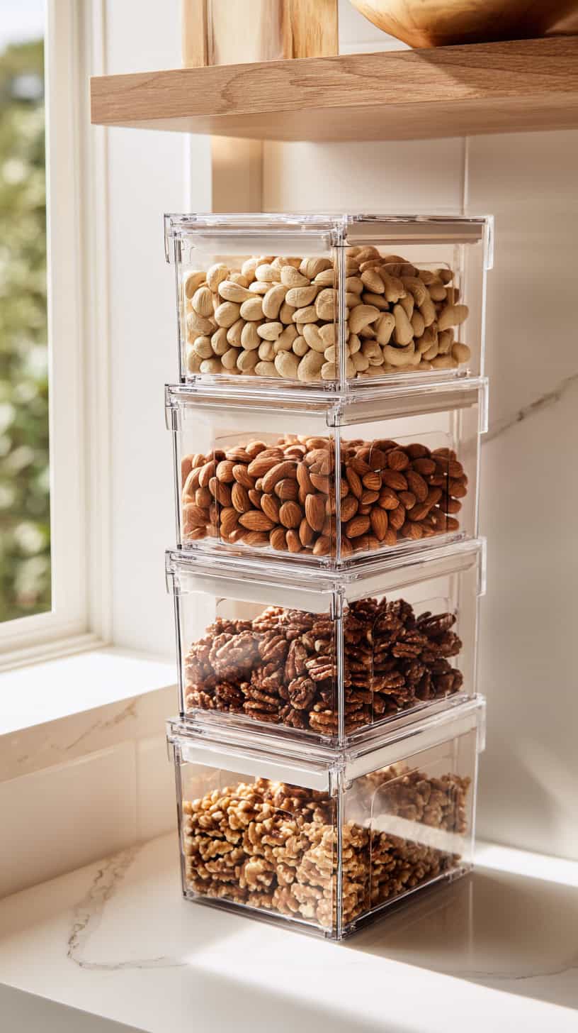 18 Pantry Organization Hacks Using Clear Bins and Baskets 88 Nut Stackable Clear Bins