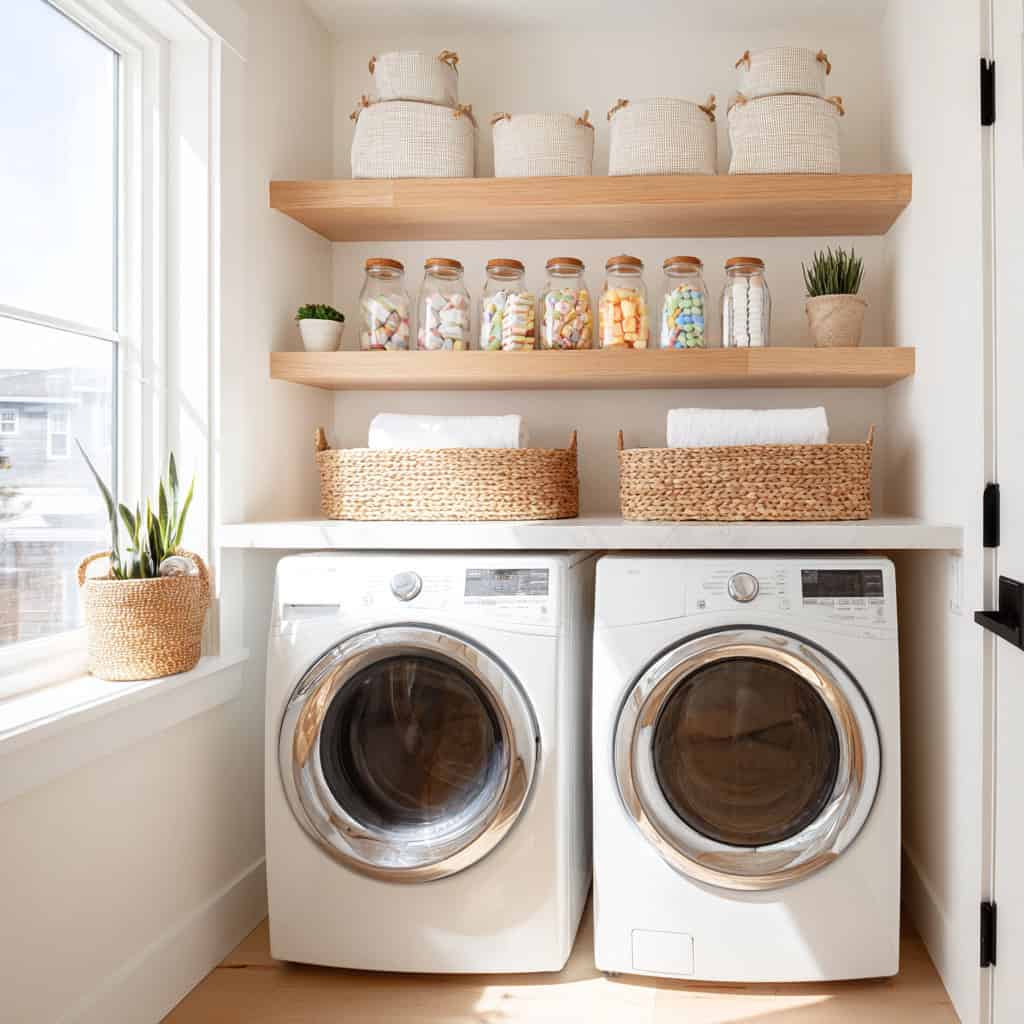 20 Genius Laundry Room Makeovers That Save Space 100 Open Shelving Above Machines