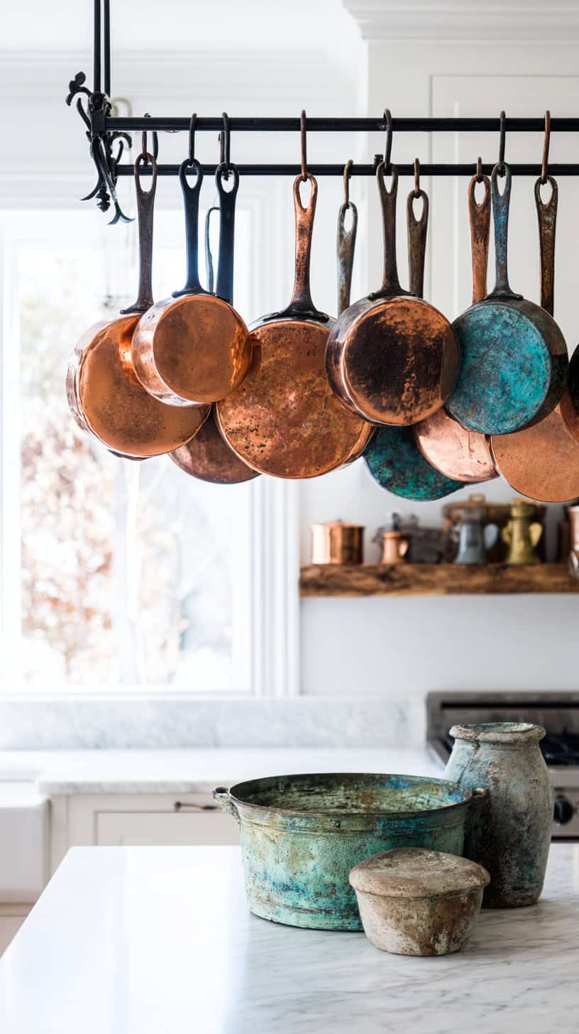 20 Farmhouse Kitchen Decor Ideas to Refresh Your Home 109 Patinaed Copper Pots