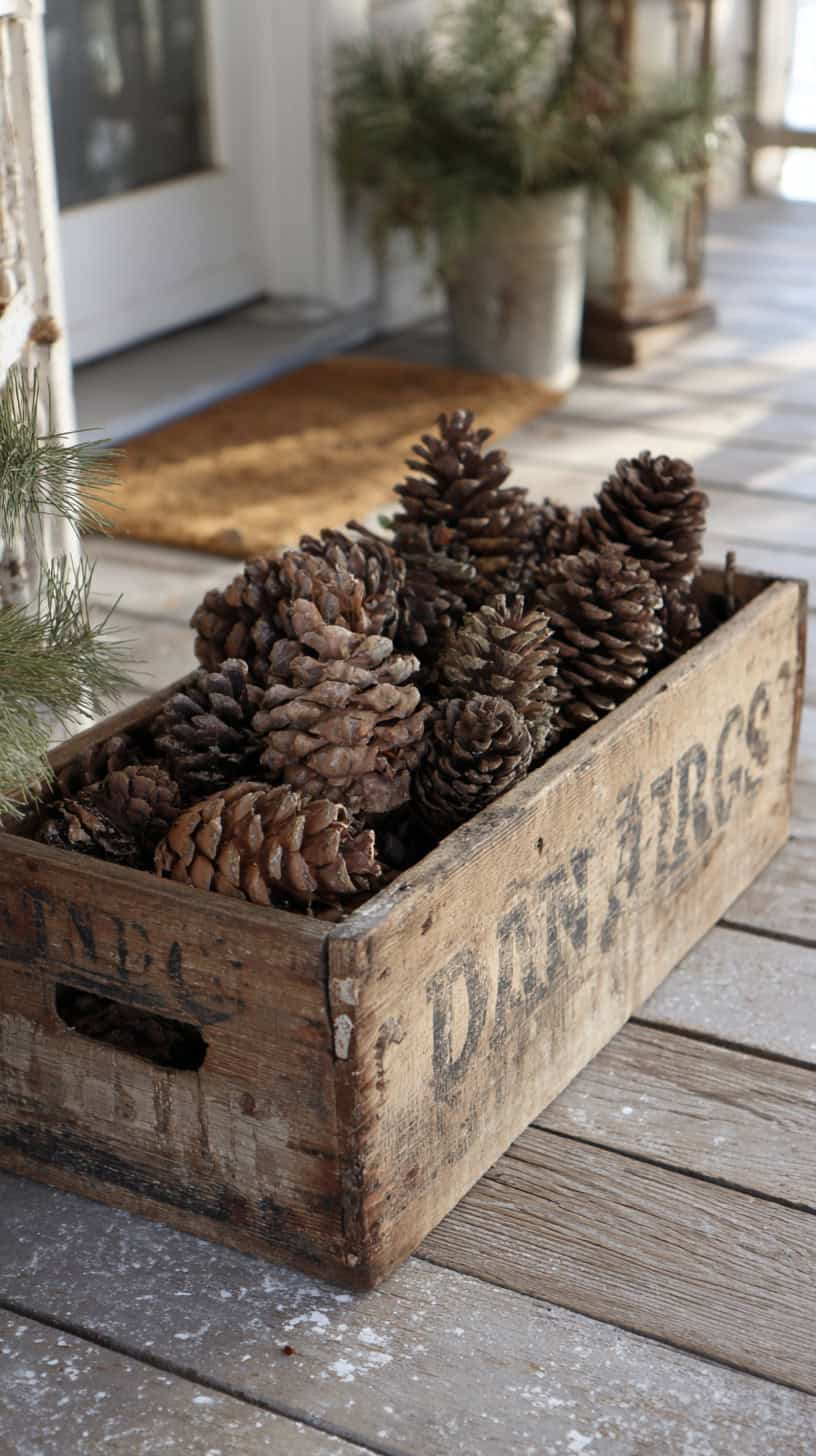 15 Farmhouse Porch Decor Ideas for Late Winter 76 Pinecone Filled Crate