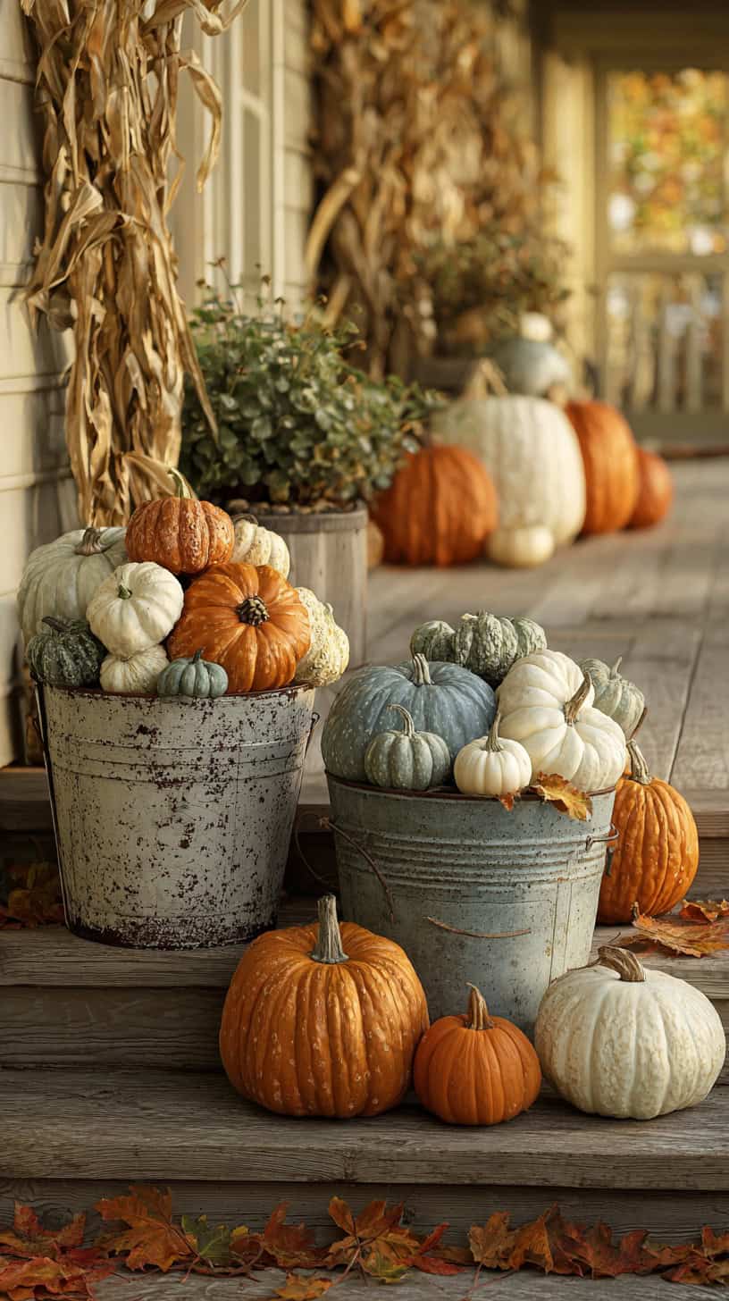 Pumpkin-Filled Galvanized Buckets