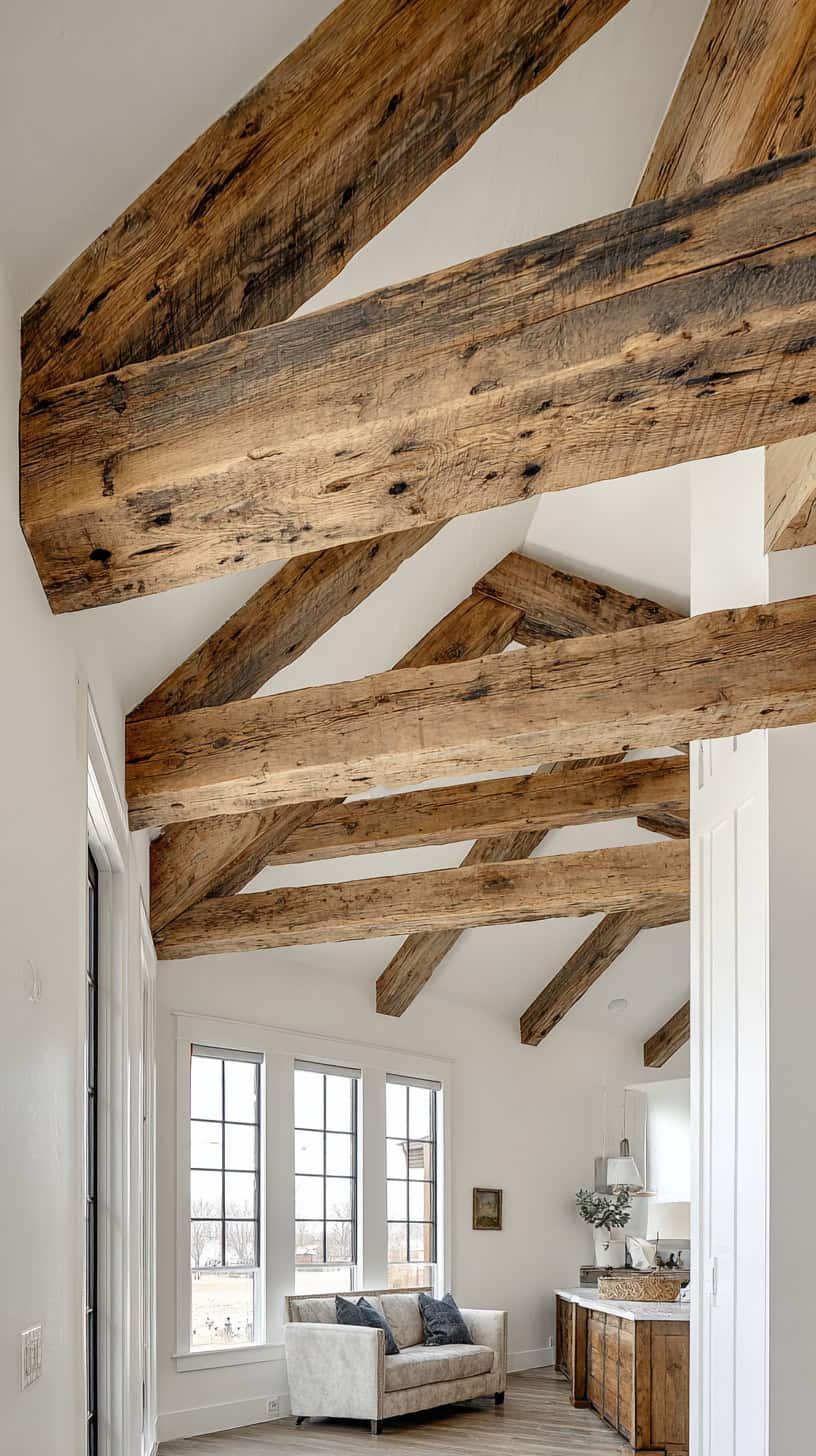 20 Modern Farmhouse Living Room Ideas to Copy Right Now 88 Reclaimed Wood Beam Accents