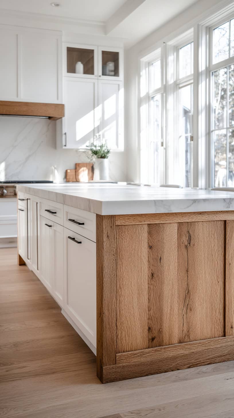 20 Timeless White Kitchen Ideas for Busy Moms 98 Rift-Sawn Oak Focal Island