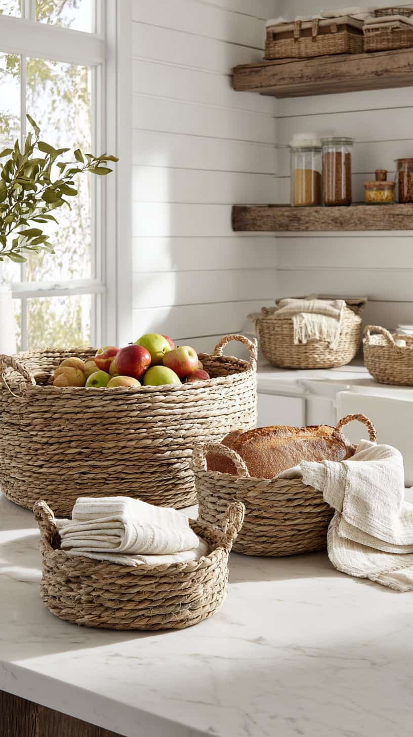 20 Farmhouse Kitchen Decor Ideas to Refresh Your Home 97 Rustic Woven Baskets