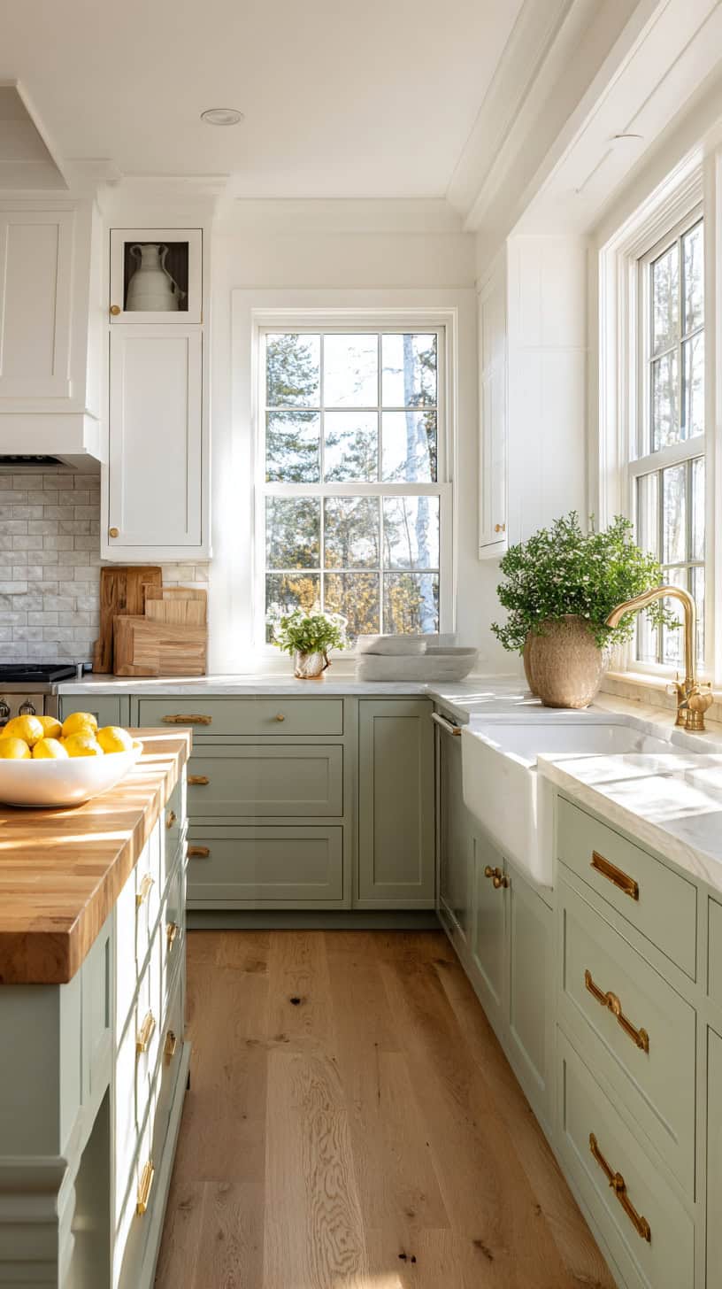 20 Timeless White Kitchen Ideas for Busy Moms 82 Sage Farmhouse Cabinet Glow