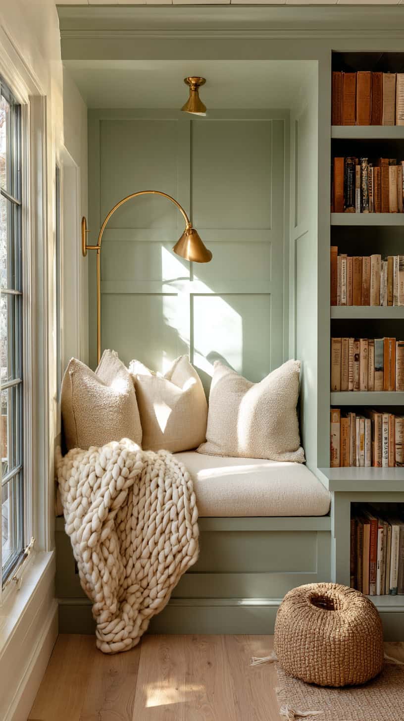 20 Beautiful Bookshelf Styling Ideas to Copy 90 Sage Green Reading Nook
