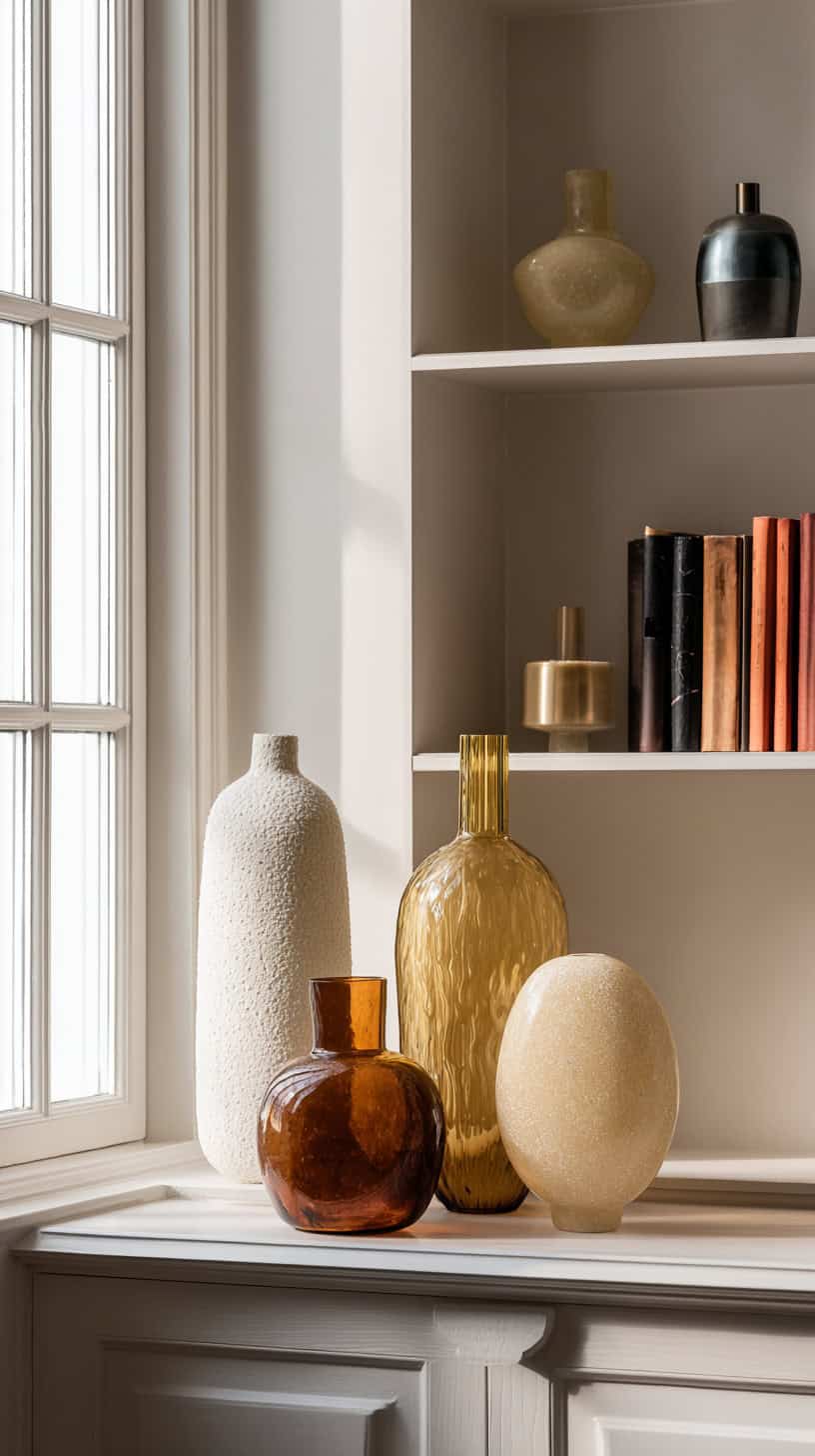 20 Beautiful Bookshelf Styling Ideas to Copy 108 Sculptural Vase Clusters
