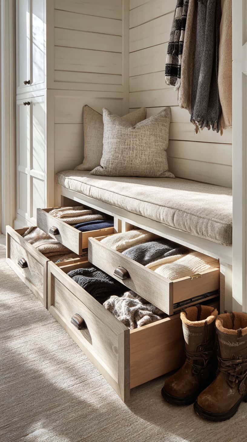 20 Mudroom Ideas to Organize Boots and Coats 86 Seating Bench with Drawers